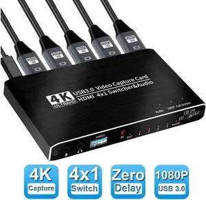 IXJYLCPC 4K@30Hz Capture Card Seamless Switch, 4x1 HDMI Video Capture Card to HDMI USB3.0 with with Mic&Audio & HDMI Loop-Out, Capture Card 4K 30fps for Nintendo Switch/Game Console/Phone