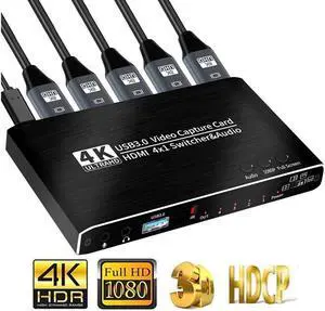 IXJYLCPC 4x1 HDMI Video Capture Card 4K@30Hz 4K30FPS Seamless Switch,USB3.0 HDMI Capture Card Switch with with Mic&Audio Game Capture Card for Live Streaming Video Recording Screen Capture Device