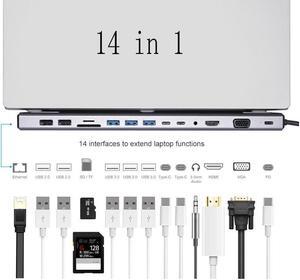 IXJYLCPC USB C Docking Station Adapter, USB C Laptop Docking Station 14 in 1 Dual Display Multiport Dongle, Type C Hub with VGA,Gigablit, HDMI, 87W PD, 5 USB,3.5mm Audio and SD/TF Card Reader for