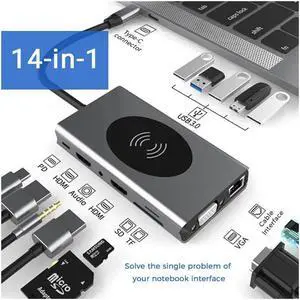 IXJYLCPC 14 in 1 Laptop Docking Station Triple Display, with Dual 4K HDMI, VGA, Gigablit Ethernet, 5 USB3.0, SD/TF Card Reader,Audio Port,Wireless Charging Compatible with MacBook/Surface