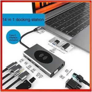 IXJYLCPC USB C Hub Multiport Adapter,14-IN-1 USB-C Hub with 4KDual HDMI,Gigabit,5USB3.0 Port,100WPD,SD/TF Card Reader,3.5mm Audio Mac,Wireless Charging Dongle Adapter for MacBook Pro Air,iPad Pro