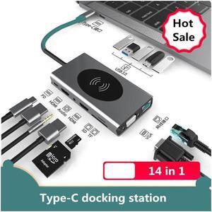 IXJYLCPC USB C to HDMI Multiport Adapter 4k, 14 in 1 USB C Dongle with 100W Power Delivery,5 USB 3.0 Ports SD/TF Card Reader, Gigabit,Audio Port,Wireless Charging Compatible with MacBook Ipad XPS