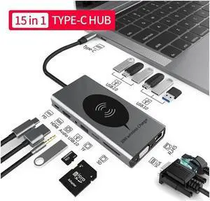 IXJYLCPC USB C Docking Station,15 in 1 Laptop Docking Station Dual Monitor,with 4K- HDMI,VGA,Gigablit Ethernet,7 USB,SD/TF Card Reader,Audio Port,Wireless Charging Compatible with MacBook/Surface