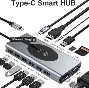 IXJYLCPC Dual Display USB Type C HUB with to VGA HDMI, Displayport, PD3.0, Ethernet, 7 USB Ports, SD/TF,Wireless Charging Multiport Adapter Docking Station Dongle for MacBook Air Pro and More