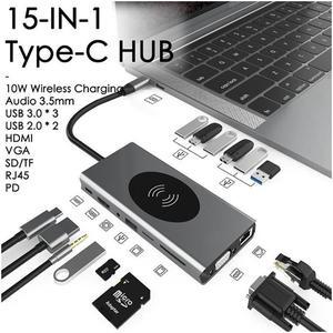 IXJYLCPC USB C Docking Station Adapter, 15 in 1 Dual Display Multiport Dongle, Type C Hub with Wireless Charging,VGA,Gigablit, HDMI, 87W PD, 5 USB,3.5mm Audio and SD/TF Card Reader for