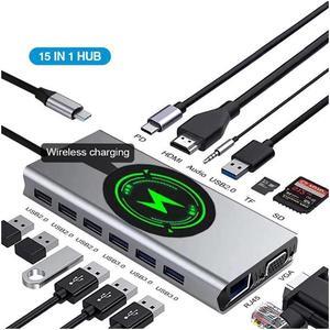 IXJYLCPC USB C Hub Multiport Adapter, 15-IN-1 USB-C Hub with 4K HDMI,Gigabit,7 USB Port,87W PD, SD/TF Card Reader ,3.5mm Audio Mac,Wireless Charging Dongle Adapter for MacBook Pro Air, iPad Pro