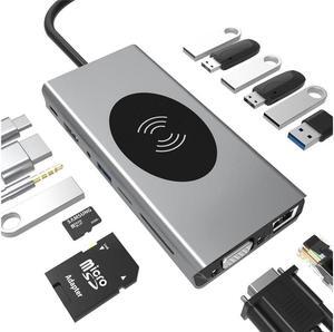 IXJYLCPC USB C to HDMI Multiport Adapter 4k,15 in 1 USB C Dongle with 87W Power Delivery,7USB3.0/2.0 Ports,SD/TF Card Reader,Gigabit,Audio Port,Wireless Charging Compatible with MacBook Ipad  XPS