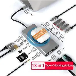 IXJYLCPC 13 IN 1 Laptop Docking Station, with 4K HDMI, VGA, RJ45 Ethernet, USB3.0,USB-C Data Port, SD/TF Card Reader,Audio Port,Wireless Charging Compatible with MacBook/Surface