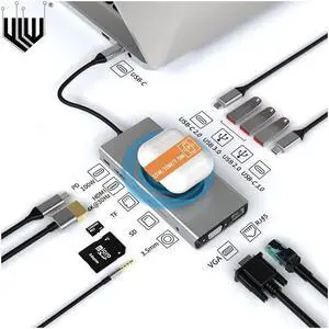 IXJYLCPC 13 IN 1 USB C to VGA HDMI Hub Multiport Adapter with Ethernet, 4K HDMI, 100W PD, USB30 Ports,USB-C Port, SD/TF Card Reader,3.5mm Audio,Wireless Charging Dongle for MacBook Pro Air, iMac, XPS