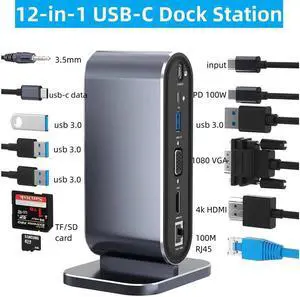 IXJYLCPC Vertical Laptop Docking Station, 12 in 1 USB C HUB with 4K HDMI, VGA,100W PD, SD/TF, Ethernet, 4 USB3.0, USB-C Data Multiple Adapter Dongle Compatible with MacBook Laptops Notebooks