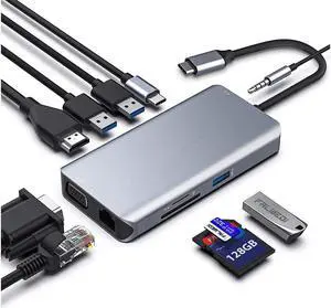 IXJYLCPC 10 in 1 USB C Hub Multiport Adapter, USB C Docking Station to HDMI 4K 30Hz, VGA, Ethernet, 3USB 3.0, TF/SD, Audio,PD Port MacBook Dongle for MacBook Laptop Type C Devices
