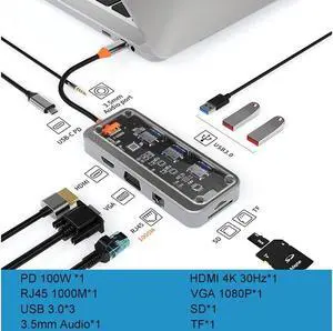 IXJYLCPC Transparent USB-C Hub (10-in-1) with 4K HDMI&VGA Display, 3 x USB-A 5Gbps Data Ports and 100W PD, SD/TF, 1000M Ethernet for MacBook Pro, MacBook Air, Laptops and More