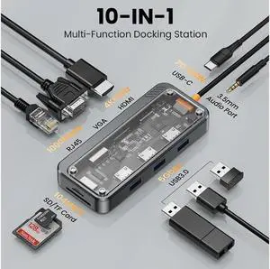 IXJYLCPC 10 in 1 USB C Docking Station, Multiport USB-C Hub Adapter with HDMI+VGA+Gigabit Ethernet+100W USB C Power Charging Port+3USB+SD/TF+Audio for MacBook Laptop Notebooks