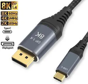 IXJYLCPC 8K USB-C to DisplayPort Cable 6.6-Foot 4K@144Hz 8K@60Hz 5K 2K@165Hz USB to DP Adapter Display Port Cord Nylon Braided Aluminum Connector for Monitor Computer Laptop Television Tablet