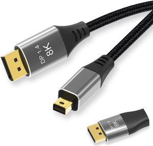 IXJYLCPC 8K 4K Mini DisplayPort to DisplayPort Cable (Mini DP to DP) 6.6FT with DP to Mini DP Adapter, Mini DisplayPort/Thunderbolt 1 & 2 [8K@60Hz, 4K@144Hz, 2K@240Hz] for PC, Laptop & Mac