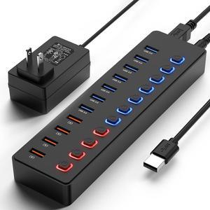 IXJYLCPC Powered USB Hub 3.0,Data 11 Ports USB3.0 Ports, [7 Faster Data Transfer Ports+ 4 Smart Charging Ports] Multi USB 3.0 Splitter with Individual LED Switches Power Adapter for Laptop Computer PC