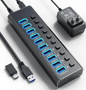 IXJYLCPC Powered USB Hub, 10-Port USB 3.0 Hub with 4 Smart Charging, Individual Switches and 12V Power Adapter, Aluminum USB Port Expander for Laptop/PC, KZW-10USBA