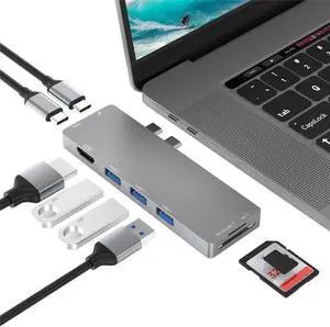 IXJYLCPC Mac USB C Hub Adapter, USB Type C Multi-port Hub MacBook Pro 2019 2018-2016, MacBook Air 8-in-2 with Thunderbolt 3, USB-C 100W PD, 4K HDMI, microSD/SD Card Reader, 3xUSB3.0
