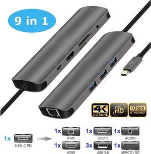 IXJYLCPC USB C Hub, 9 -in-1 Type C Hub Adapter with Ethernet, 4K HDMI, 3 USB3.0, Micro SD/TF Card Reader, 3.5mm Audio, 60W USB-C PD Port, Compatible for Mac Pro and Other Type C Laptops