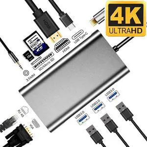 IXJYLCPC Updated USB C Hub, Jansicotek 10 in 1 Type C Adapter Dock with Giga Ethernet, 4K USBC to HDMI, VGA, 3 USB3.0, Type C PD, SD TF Card Reader, Audio/Mic, for MacBook Pro and Other Type C Laptops