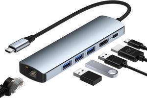 IXJYLCPC 6-in-1 USB Hub with 3xUSB3.0, 1x100W PD & 1Gbps Rj45 Network, 4K HDMI Multiple Ports USB Splitter for MacBook Air iMac Surface Chromebook Windows macOS Linux Laptop