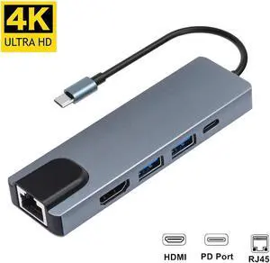 IXJYLCPC Type C To Hd Rj45 Pd Adapter Usb 3.0 Hub Ethernet Rj45 Lan 5 In 1 Usb C Hub For Macbook Pro Thunderbolt 3 Converter