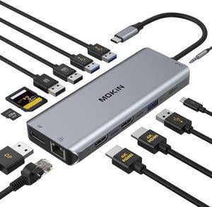 MOKiN USB C Hub, USB C Docking Station 13 in 1 Triple Display Type C Adapter with Dual HDMI 4K, DP, PD Charger, Gigabit Ethernet, 5 USB Ports, SD/TF Card Reader, Mic/Audio for MacBook Pro and Windows