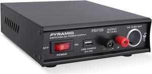 Pyramid Universal Compact Bench Power Supply- 12Amp Variable Linear Regulated Home Lab Benchtop AC-DC Power Converter - USB Port,Cigarette Lighter,115/230V AC,Screw Terminal,Cooling Fan - PSV150,Black