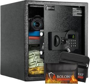 ROLOWAY Steel Safe Box (1.5 Cubic Feet), Money Safe for Home Safe, Lock Box with Fireproof Bag for Cash Safe, Security Safety Box for Document Safe, Fireproof Safe with Key and Digital Keypad Lock