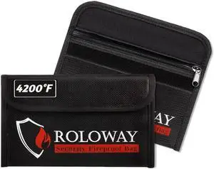 ROLOWAY Small Fireproof Bag (5 x 8 inches), Non-Itchy Fireproof Money Bag, Fireproof Wallet Bag, Cash Fireproof Bag Set for Valuables - Passport, Currency & Keys (2-Pack Black)