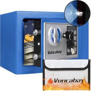 Voncabay Steel Money Safe Box for Home with Fireproof Money Bag for Cash Safe, Security Safe Box for Money Safe with Keys, Lock Box Fireproof Safe with Keypad Lock (Blue)