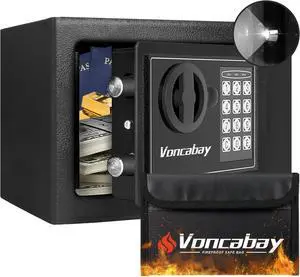 Voncabay  Steel Money Safe Box for Home with Fireproof Money Bag for Cash Safe Hidden, Security Safe Box for Money Safe with Keys, Lock Box Fireproof Safe with Keypad (Black)