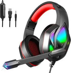 Gaming Headset, Over-Ear Gaming Headphones with Noise Canceling Mic, Stereo Bass Surround Sound, LED Light, Soft Memory Earmuffs PC/ Laptop/PS4/PS5