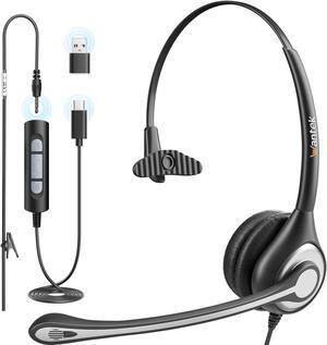 Wired USB Headset with Microphone for PC,Laptop,3.5mm/USB/Type-C Jack 3-in-1 Computer Headset with Noise Cancelling & Audio Controls,USB Headphones for Call Center,Work,Office,Mono