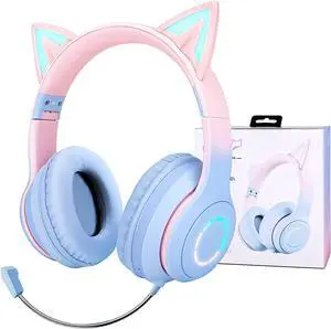 Cat Ear Kids Bluetooth Headphones for Girls for School, Foldable Wired Gaming Headset with Microphone & 3.5mm Jack, Adjustable Headband Teens Toddlers Wireless Earphones for Tablet/PC Pink