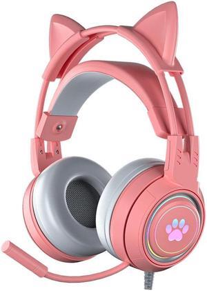 Gaming Headset with Cat Ears, Pink Headset with Surround Sound, RGB Backlight & Microphone, 3.5mm Cat Headphones with Mic for PS4, Xbox, PC, Mobile Phone