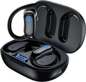 Bluetooth Headphones Wireless Earbuds 48hrs Playback IPX7 Waterproof Earphones Over-Ear Stereo Bass Headset with Earhooks Microphone LED Battery Display for Sports/Workout/Gym Black