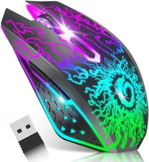 Wireless Gaming Mouse with RGB Colorful LED Lights, Silent Click, 2.4G USB Nano Receiver, 3 Level DPI for PC
