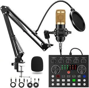 Podcast Equipment Bundle, Podcast Microphone Bundle with Studio Microphone, BM-800 Mic Kit with Live Sound Card, Recording Studio Equipment for Live Streaming, Broadcasting with Phone/PC/Laptop