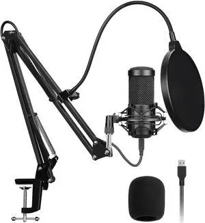 USB Streaming Podcast Microphone Kit,Professional 192KHZ/24Bit Studio Cardioid Condenser Computer PC Mic Kit with Scissor Arm Shock Mount Stand Pop Filter for Music Recording