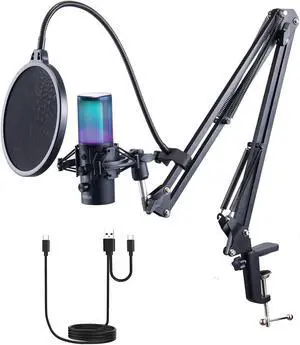 USB Microphone 192 kHz/24-bit Condenser Microphone Kit with 11 RGB Lights