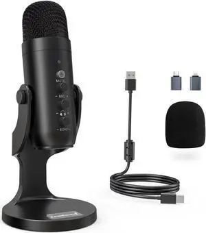 USB Microphone,Condenser Computer PC Mic,Plug&Play Gaming Microphones for iPhone iPad MacBook Type C Phone,Headphone Output&Volume Control,Mic Gain Control,Mute Button Vocal,YouTube Podcast