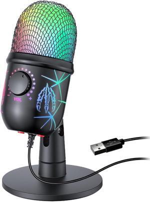 Gaming USB Microphone for PC/Mac/PS4/PS5, Gaming Microphone with RGB Lighting Headphone Output Volume Control Mute Button Noise Cancellation for Studio Recording, Karaoke, Streaming Podcast