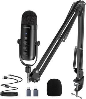 Podcast Condenser USB Mic with Boom Arm,Supercardioid Microphone with Mute Button,Echo Volume Gain Knob,Adjust Monitor for Phone PC Computer Tablet Streaming Recording