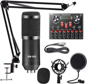Podcast Equipment Bundle, ALPOWL BM-800 Mic Kit with Live Sound Card, Condenser Microphone Bundle for Studio Recording & Broadcasting(Black)