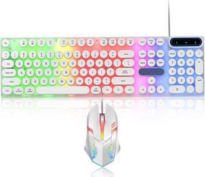 Gaming Keyboard and Mouse Combo, Retro Punk Round Keycaps LED Backlit USB Wired Computer Keyboard for Game and Office, for Windows Laptop PC, Red Switches (White)