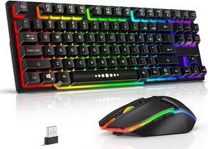Wireless Keyboard and Mouse, 87 Keys Mechanical Feel Keyboard Mice Combo, Anti-Ghosting Ergonomic Rechargeable W/ 2.4G Wireless Receiver, RGB LED Backlight for Windows Computer PC Gamer