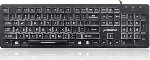 Wired Backlit USB Keyboard - Large Print Letters - White Backlight LED - Black