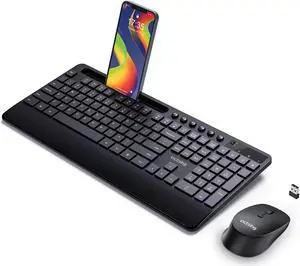 Wireless Keyboard and Mouse Combo, 2.4GHz Ergonomic 104 Full Size Keyboard and Mouse with Phone Tablet Holder, 6-Button & 3-DPI Silent Wireless Mouse, Long Battery Life, 10 Independent Shortcuts