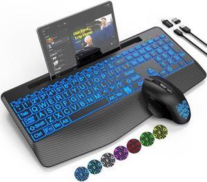 Wireless Keyboard and Mouse Backlits, Wrist Rest, Jiggler Mouse, Rechargeable Keyboard with Holder